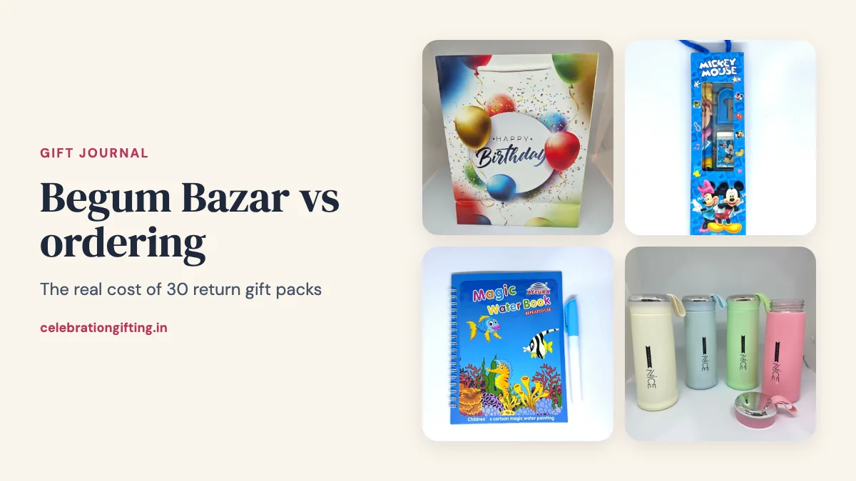 A Happy Birthday gift bag, a stationery set, a magic water book and a glass water bottle from the Celebration Gifting catalogue