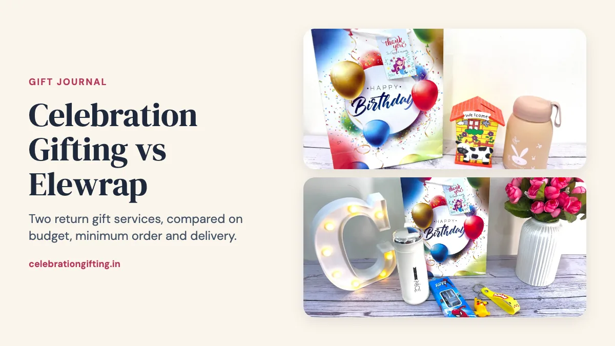 Two Celebration Gifting return gift packs in Happy Birthday gift bags, beside the title Celebration Gifting vs Elewrap