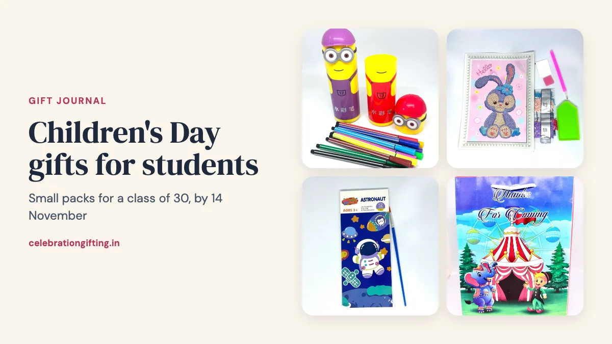 A Minion colour sketch set, a DIY diamond kit, a small colouring book and a carnival theme gift bag from the Celebration Gifting catalogue