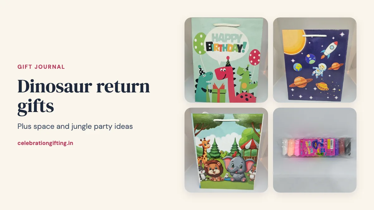 Dinosaur, space and jungle printed gift bags and an air clay set from the Celebration Gifting catalogue