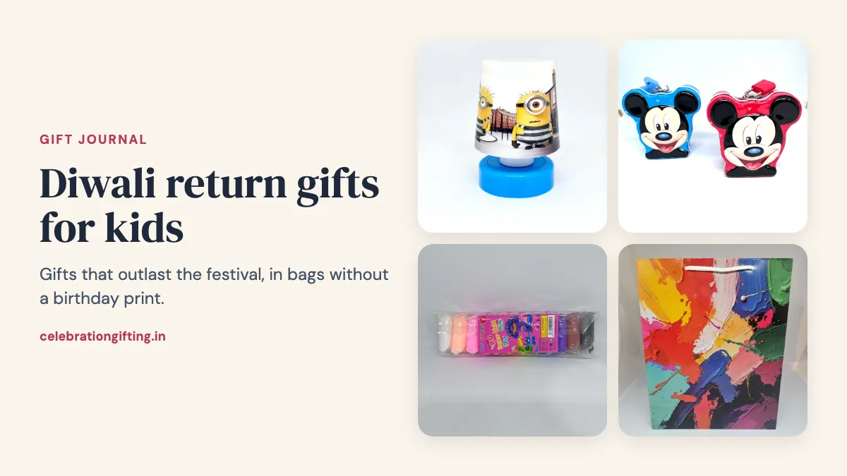 An LED night lamp, a mini Mickey piggybank, an air clay set and a multicolour gift bag from the Celebration Gifting catalogue
