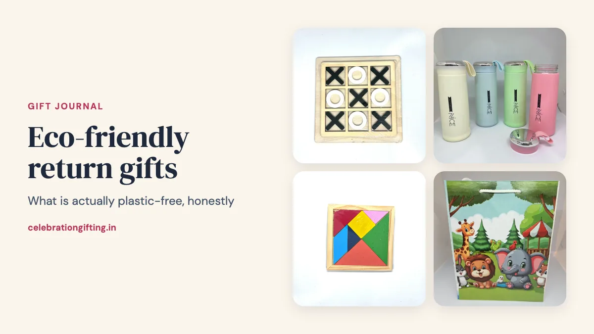 A wooden noughts and crosses game, glass water bottles, a wooden tangram puzzle and a jungle paper gift bag from the Celebration Gifting catalogue