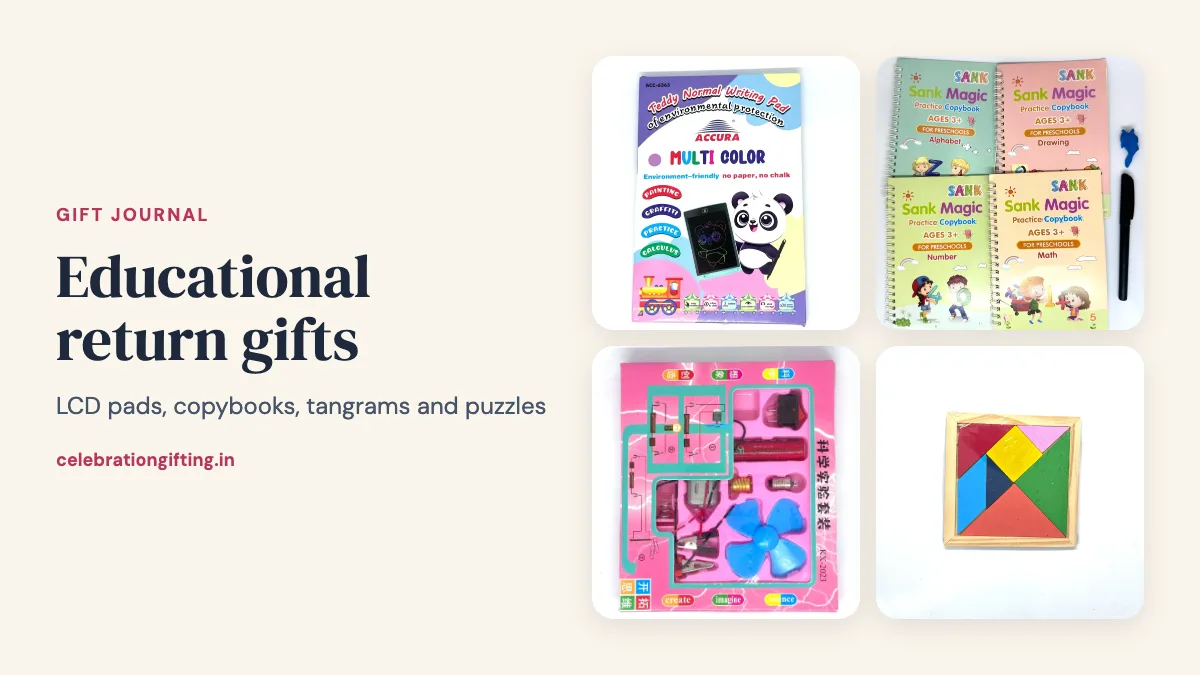 An LCD writing pad, Sank Magic practice copybooks, a science kit and a wooden mini tangram from the Celebration Gifting catalogue