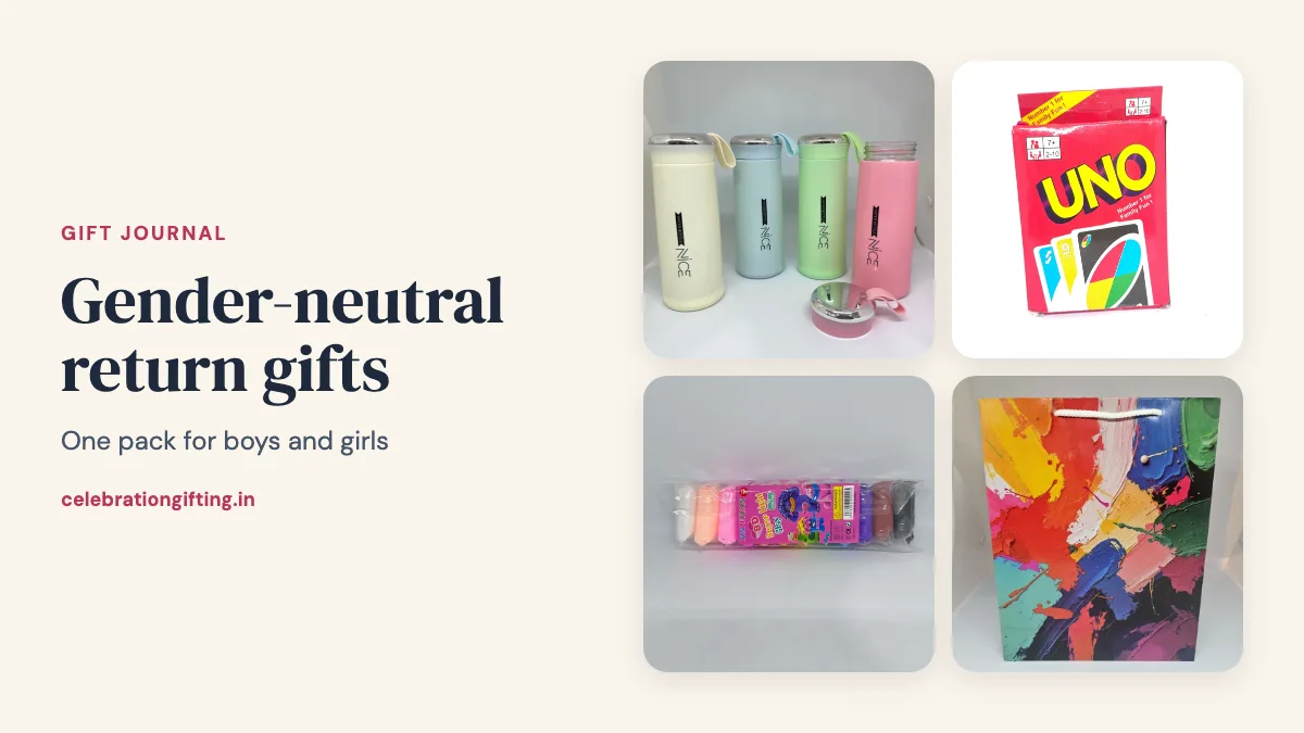Glass water bottles in assorted colours, an Uno card game, an air clay set and a multicolour gift bag from the Celebration Gifting catalogue