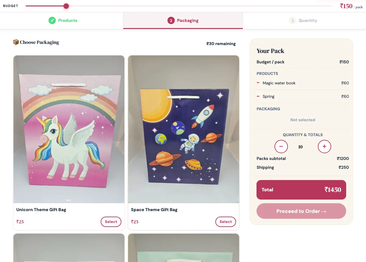 Step 2 of Build Your Pack: unicorn and space theme gift bags available with ₹30 of the budget left