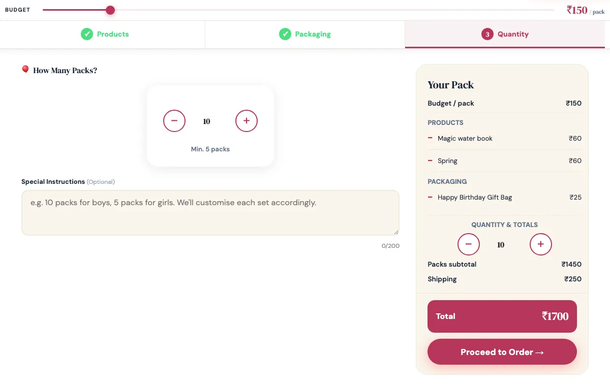 Step 3 of Build Your Pack: quantity counter set to 10 packs with a minimum of 5, a Special Instructions box, and an order summary showing the packs subtotal, shipping and total