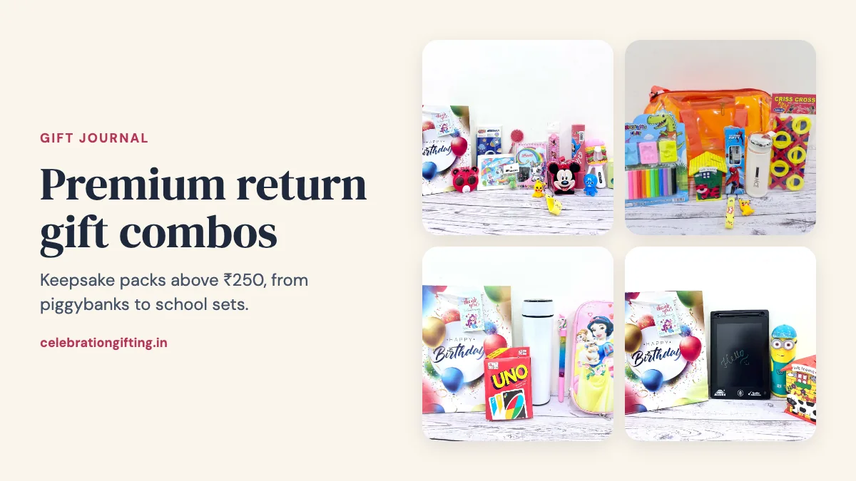 Four premium Celebration Gifting combos laid out with their gift bags, including a 13-piece playset and a school hamper with a steel bottle