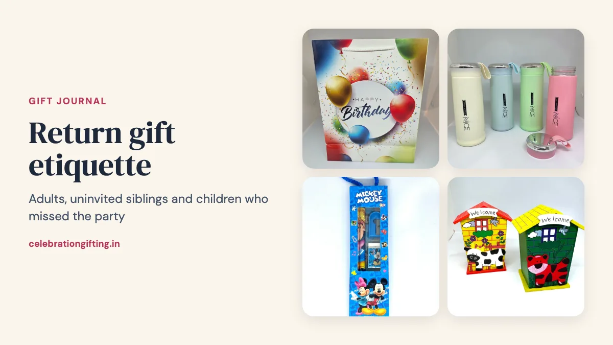A Happy Birthday gift bag, a glass water bottle, a stationery set and a wooden piggybank from the Celebration Gifting catalogue