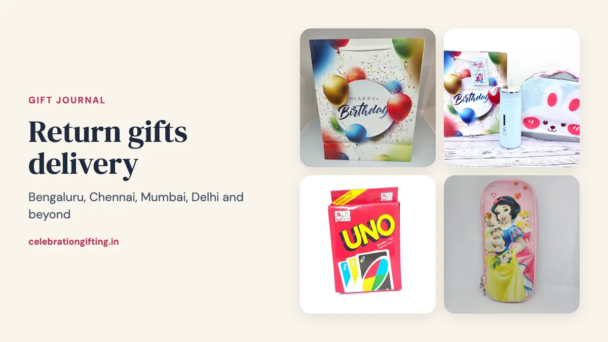 A Happy Birthday gift bag, a glass water bottle with an insulated lunch bag, an Uno card game and a stationery pouch from the Celebration Gifting catalogue