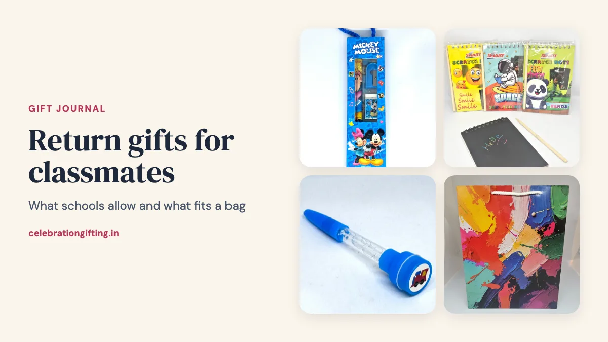 A stationery set, a scratch notebook, a bubble stamp pen and a multicolour gift bag from the Celebration Gifting catalogue