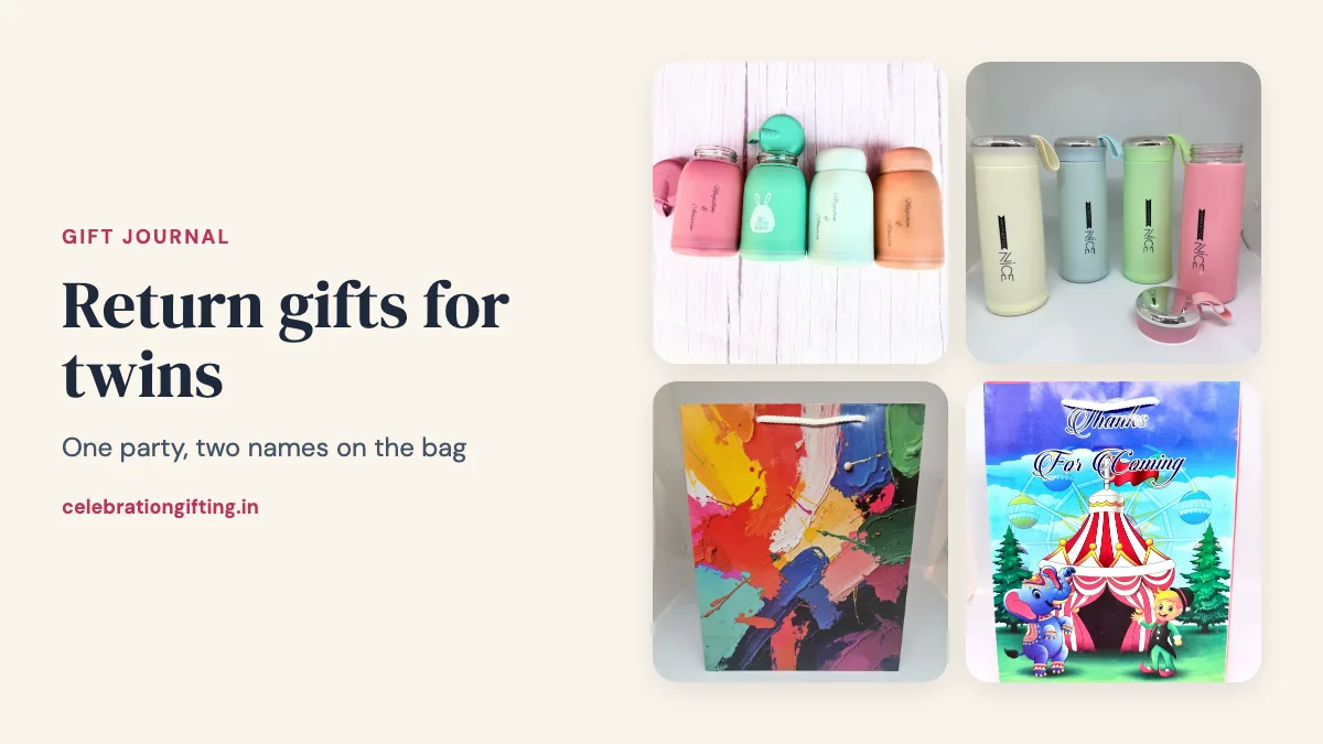 Rabbit water bottles engraved with two names, glass water bottles, a multicolour gift bag and a carnival gift bag from the Celebration Gifting catalogue