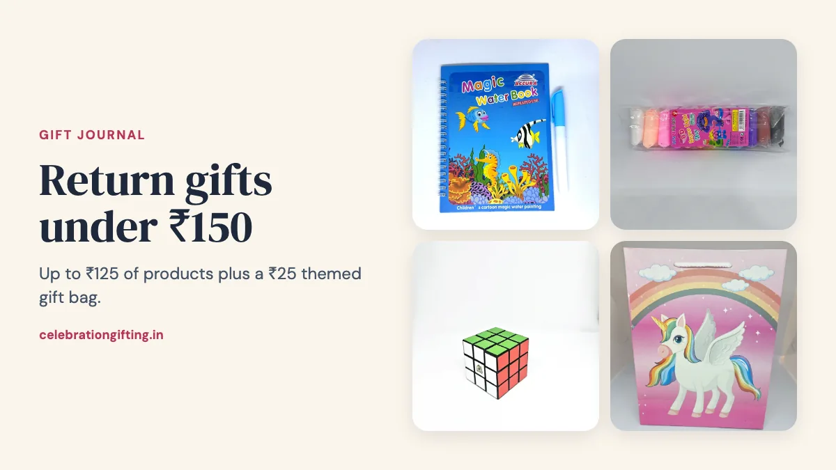 A magic water book, an air clay set, a Rubik's cube and a unicorn theme gift bag from the Celebration Gifting catalogue