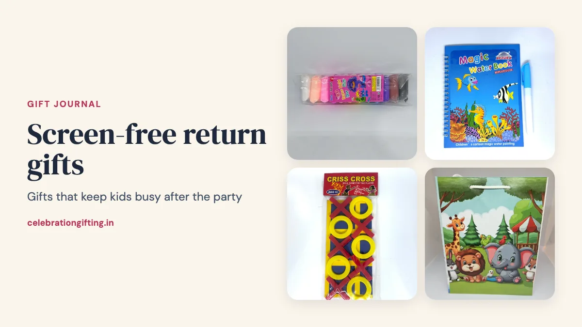 An air clay set, a magic water book, a noughts and crosses game and a jungle theme gift bag from the Celebration Gifting catalogue