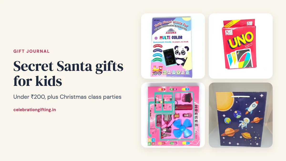 An LCD writing pad, an Uno card game, a science kit and a space theme gift bag from the Celebration Gifting catalogue