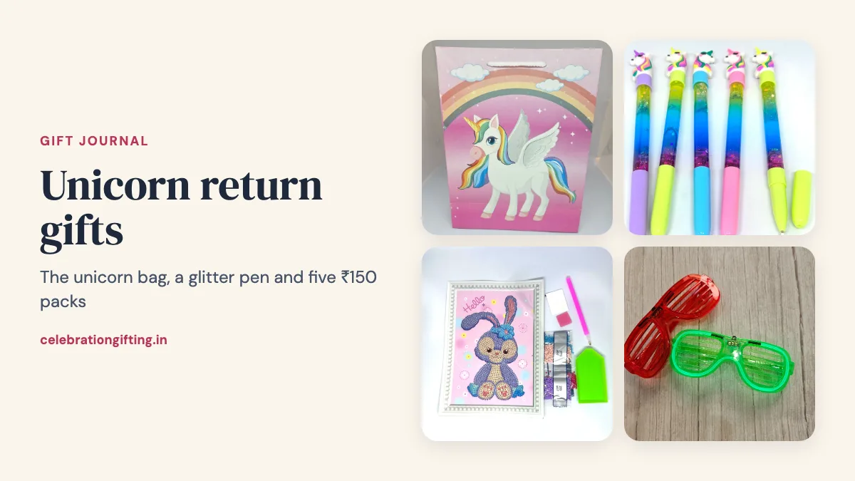 A unicorn theme gift bag, unicorn gel pens, a DIY diamond kit and shimmer neon party glasses from the Celebration Gifting catalogue