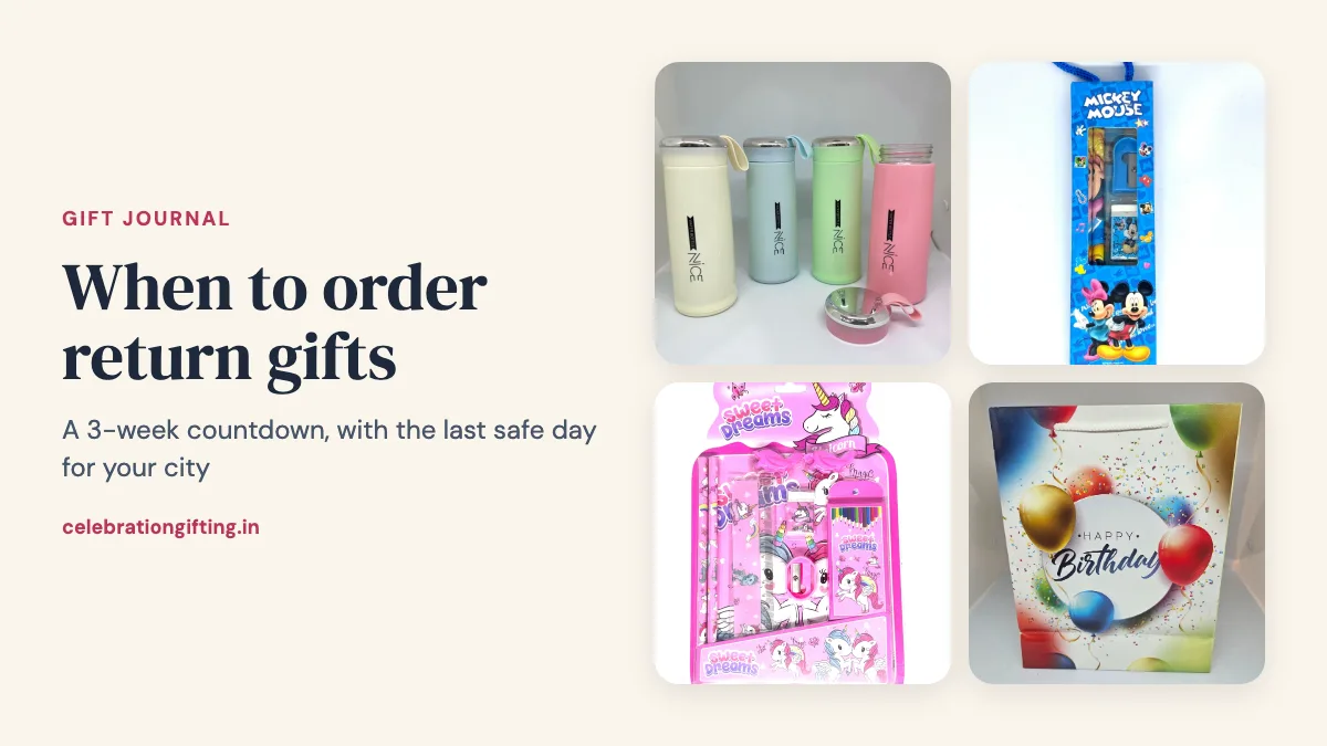 Glass water bottles, a stationery set, a stationery kit with colour pencils and a Happy Birthday gift bag from the Celebration Gifting catalogue